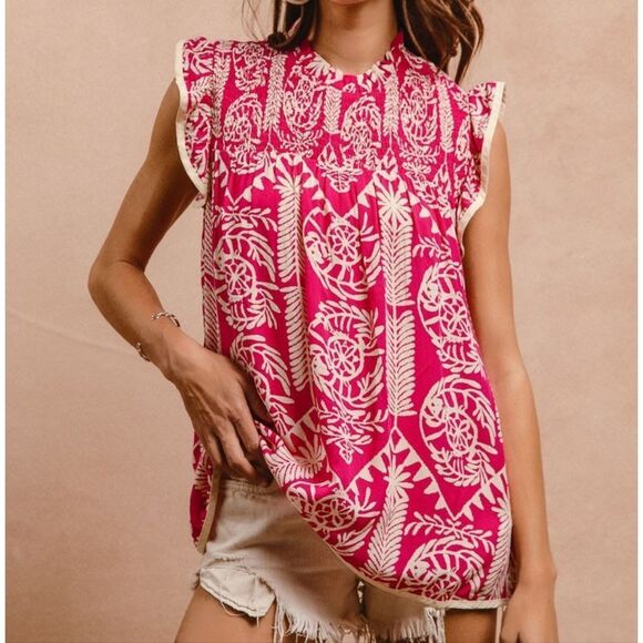 **BiBi Printed Ruffle Sleeve Top Pink and White Batik Print Women's Top - Picture 14 of 15